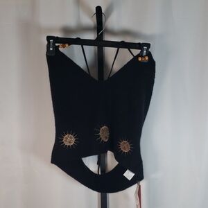 ROMWE Sleeveless Halter‎ Top Black with Sun Embroidery and Beads - SZ 3XL - NWT